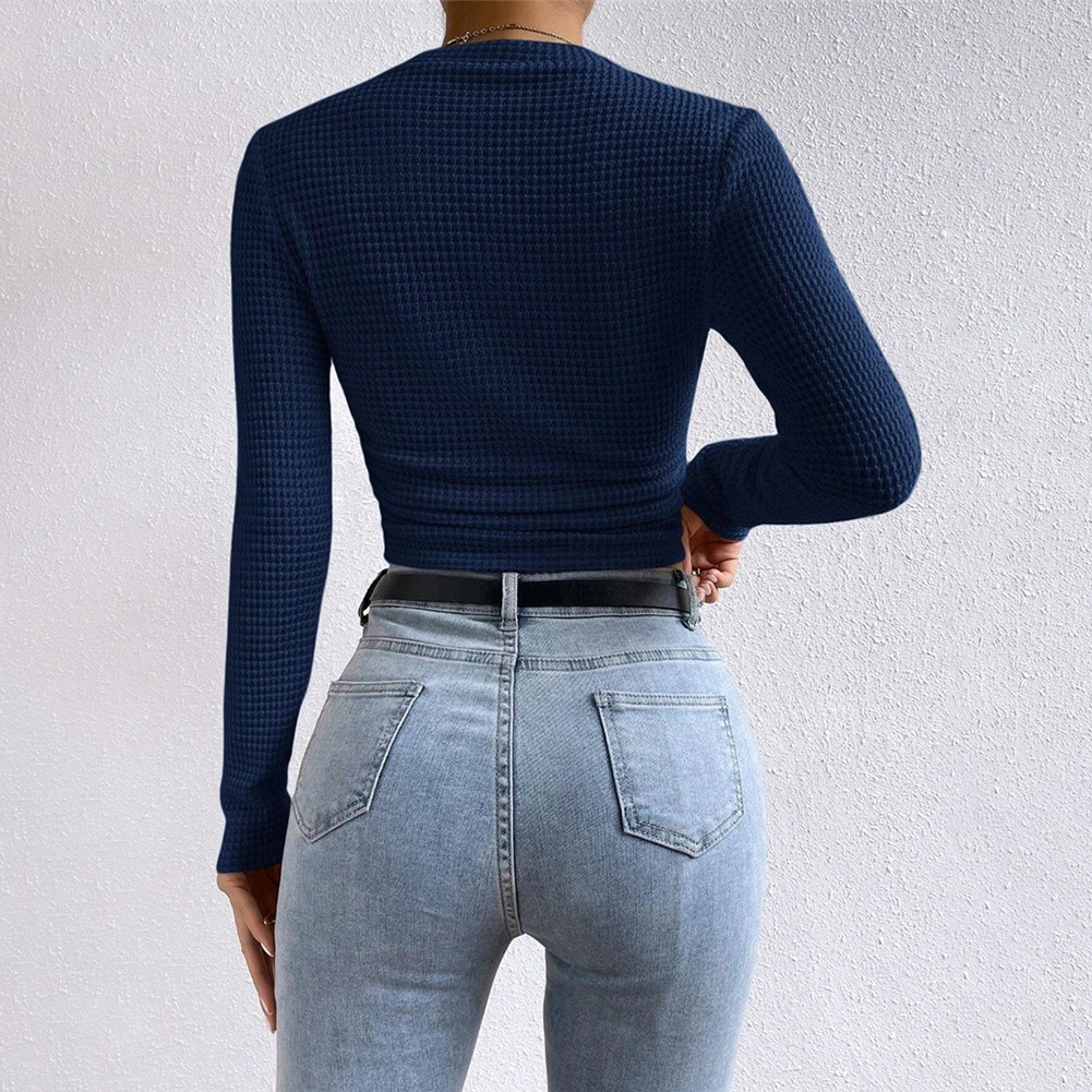 Long Sleeve Waffle Textured TShirt Women Slim Fit Top for Summer Vacation - Picture 55 of 57