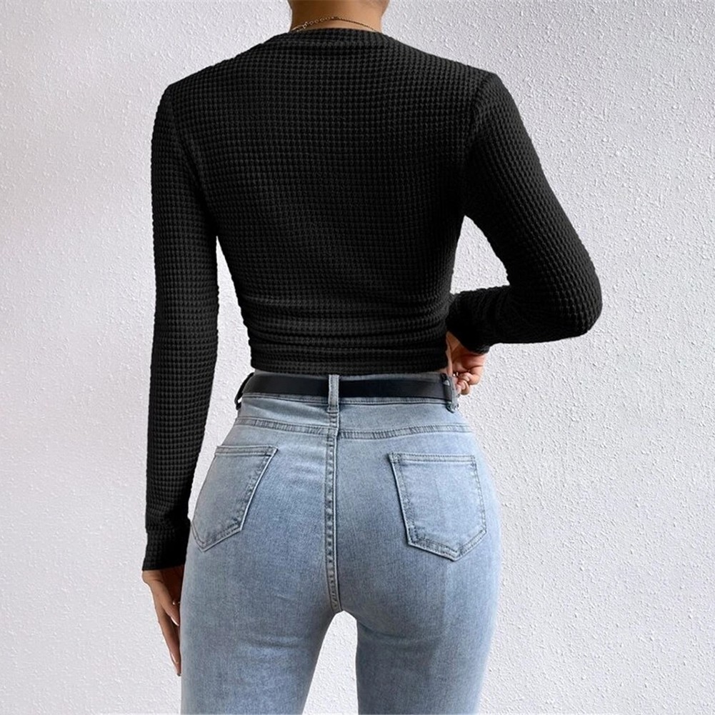 Long Sleeve Waffle Textured TShirt Women Slim Fit Top for Summer Vacation - Picture 42 of 57
