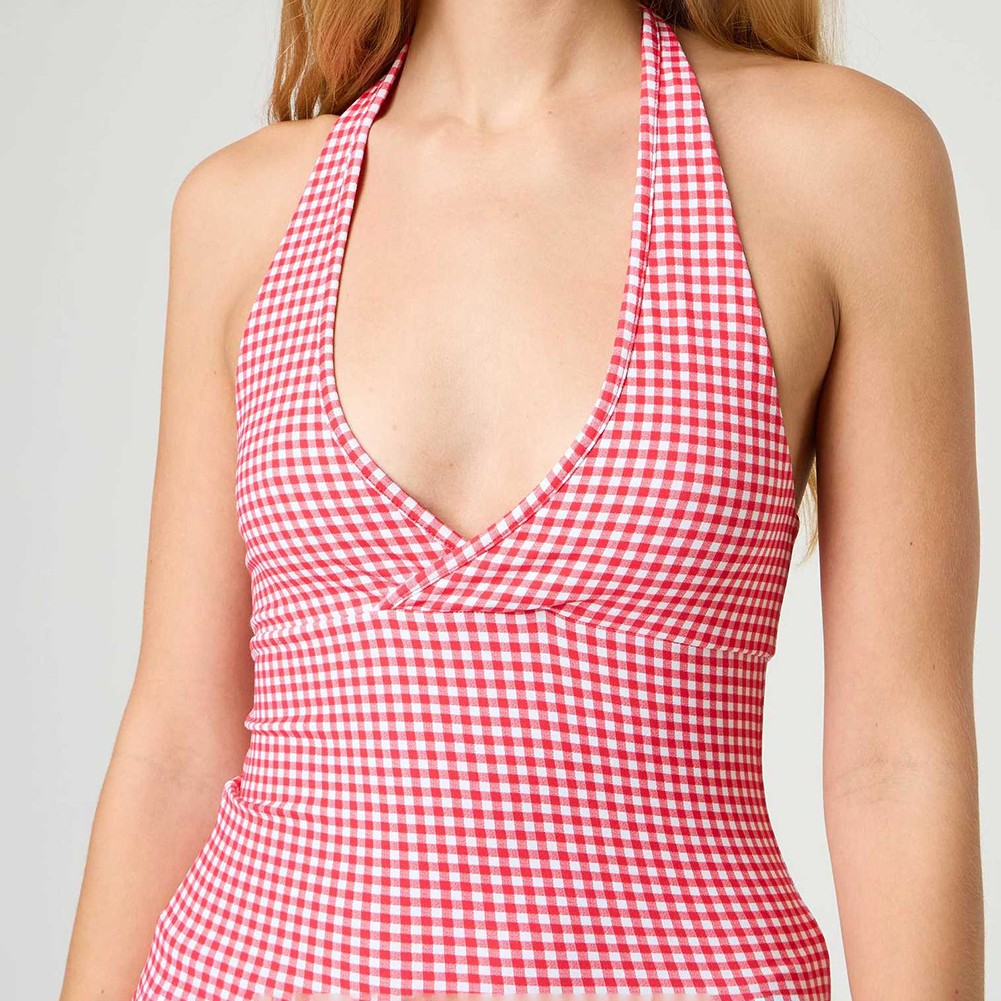 Stylish V Neck Backless Crop Top for Women with Plaid & Polka Dot Print - Picture 42 of 53