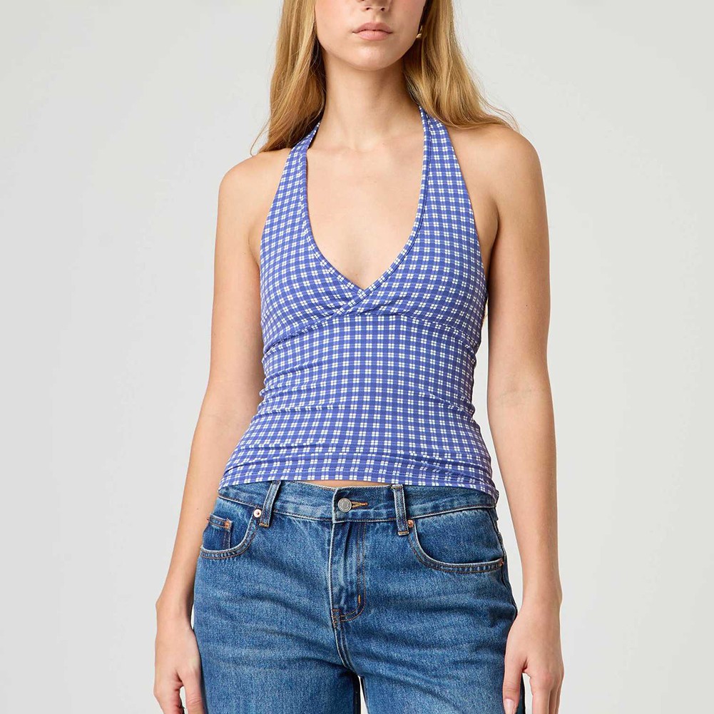 Stylish V Neck Backless Crop Top for Women with Plaid & Polka Dot Print - Picture 24 of 53
