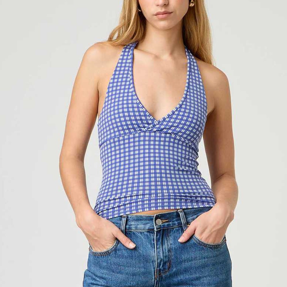 Stylish V Neck Backless Crop Top for Women with Plaid & Polka Dot Print - Picture 31 of 53