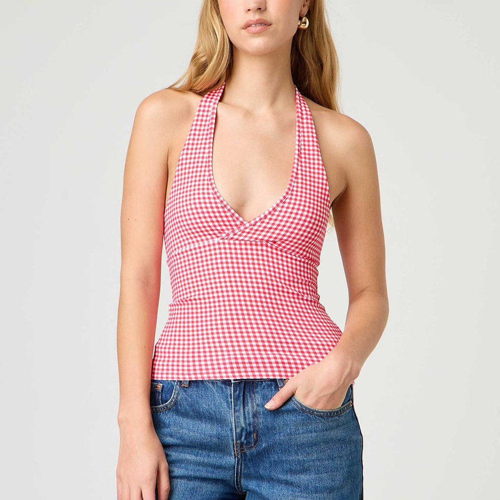 Stylish V Neck Backless Crop Top for Women with Plaid & Polka Dot Print - Picture 34 of 53
