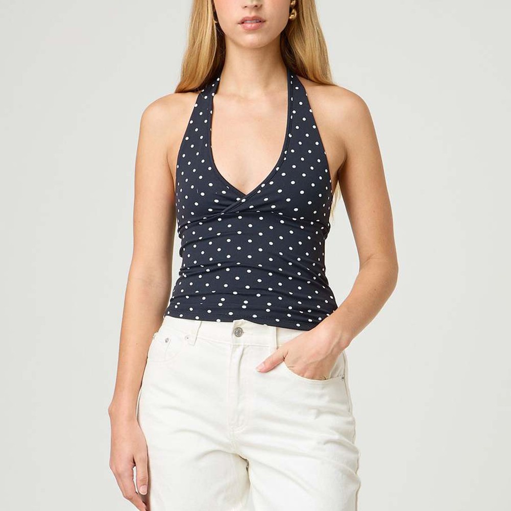 Stylish V Neck Backless Crop Top for Women with Plaid & Polka Dot Print - Picture 51 of 53