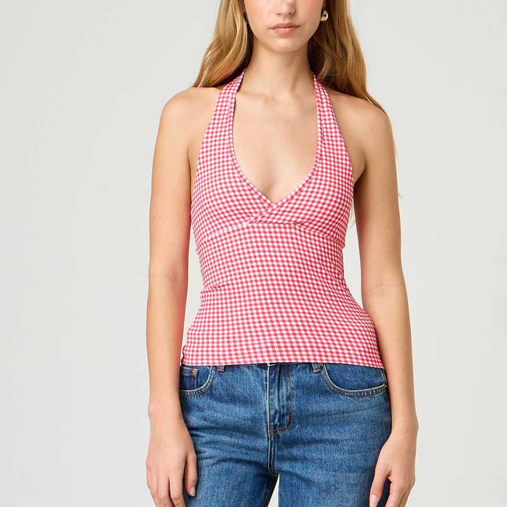 Stylish V Neck Backless Crop Top for Women with Plaid & Polka Dot Print - Picture 41 of 53