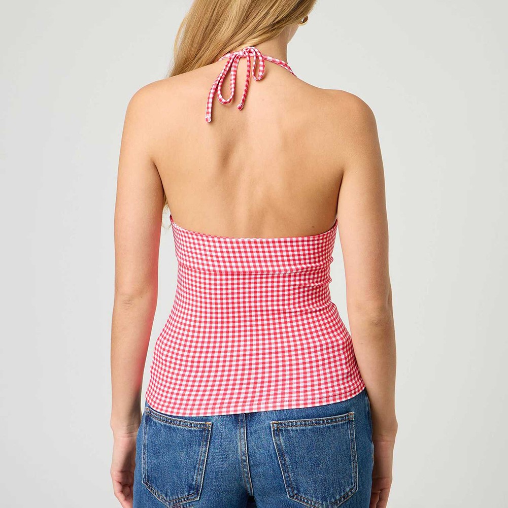 Stylish V Neck Backless Crop Top for Women with Plaid & Polka Dot Print - Picture 40 of 53