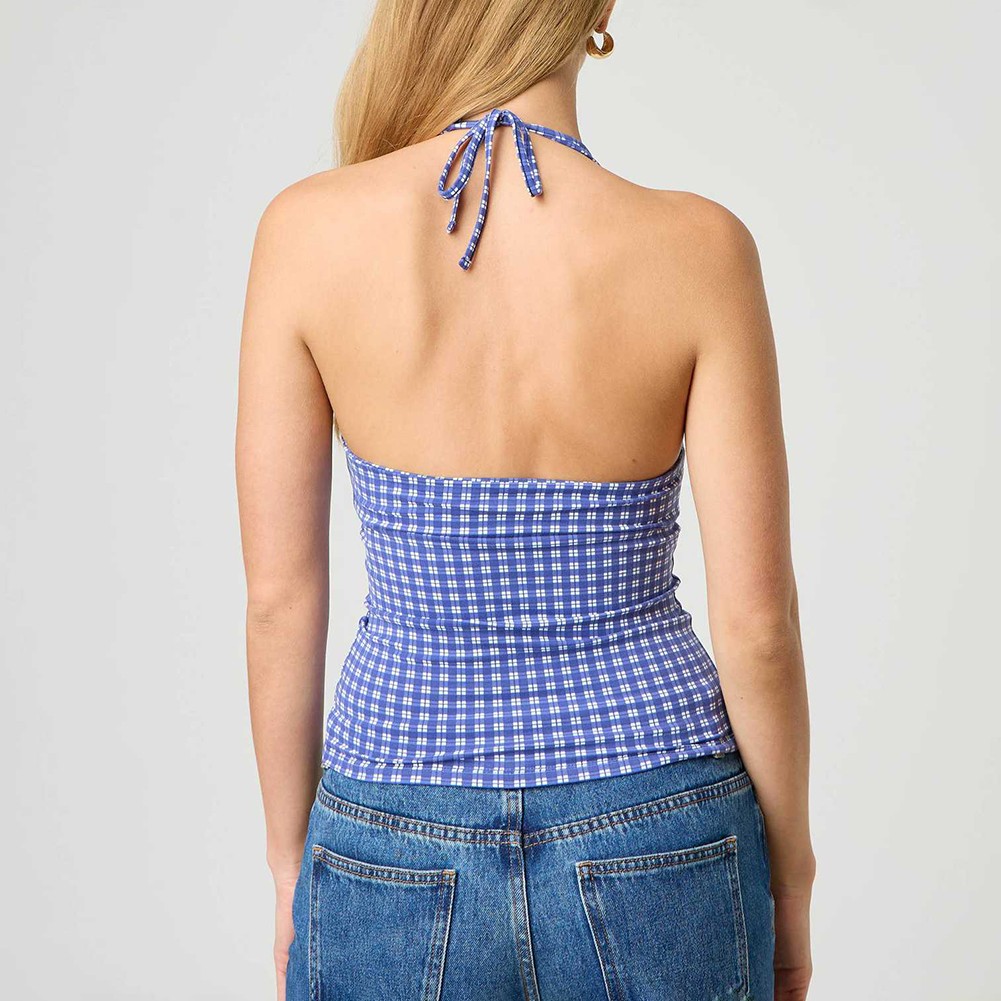 Stylish V Neck Backless Crop Top for Women with Plaid & Polka Dot Print - Picture 30 of 53