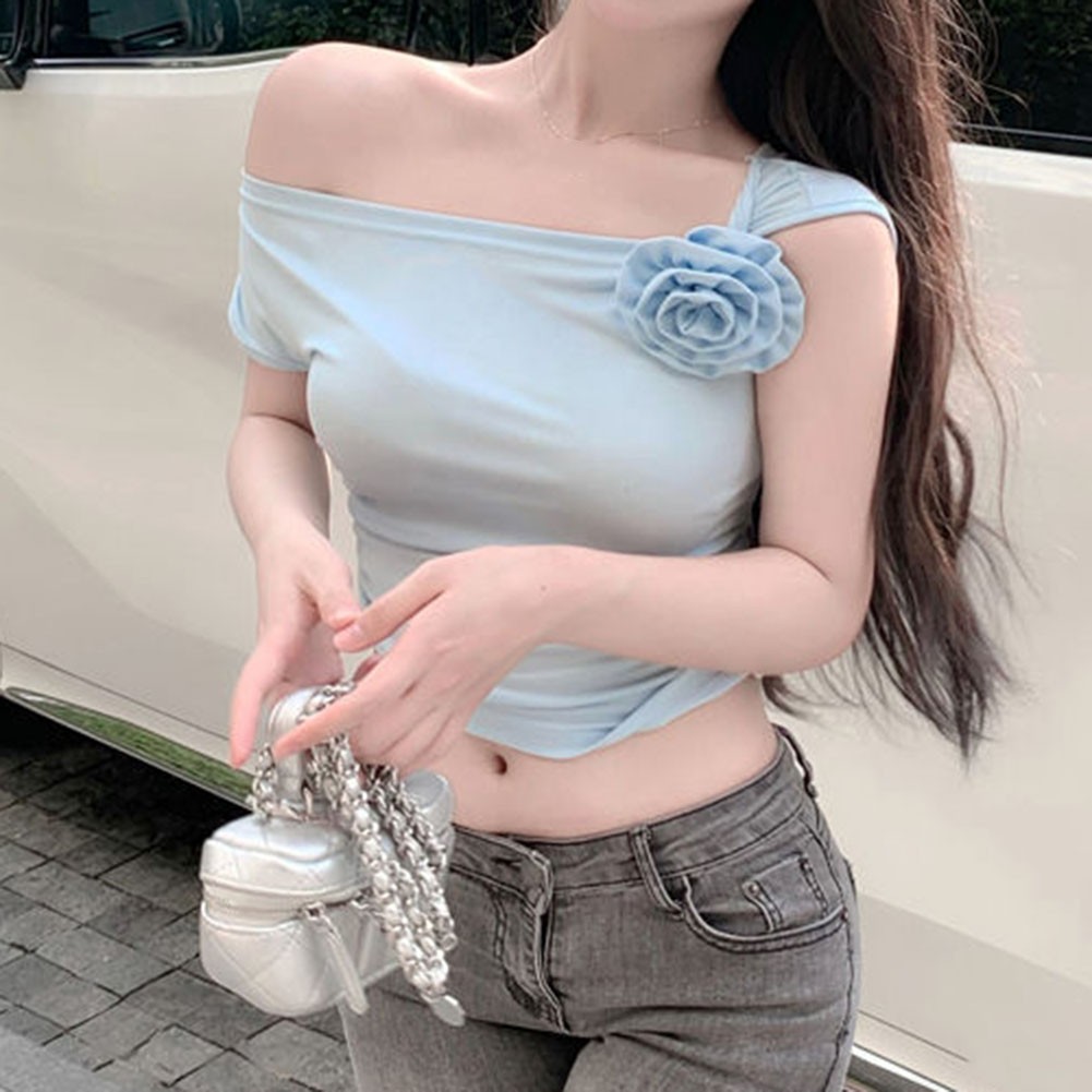 Fashionable Women's One Shoulder Top with Floral Design and Comfortable Fit - Picture 13 of 15