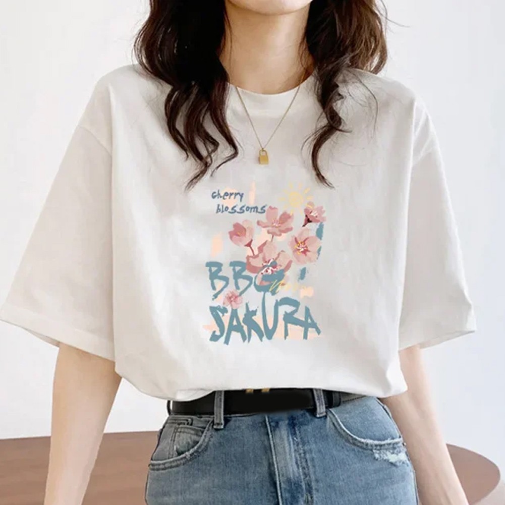 Fresh and Stylish Women White T Shirt Short Sleeve Round Neck Loose Fit - Picture 7 of 8