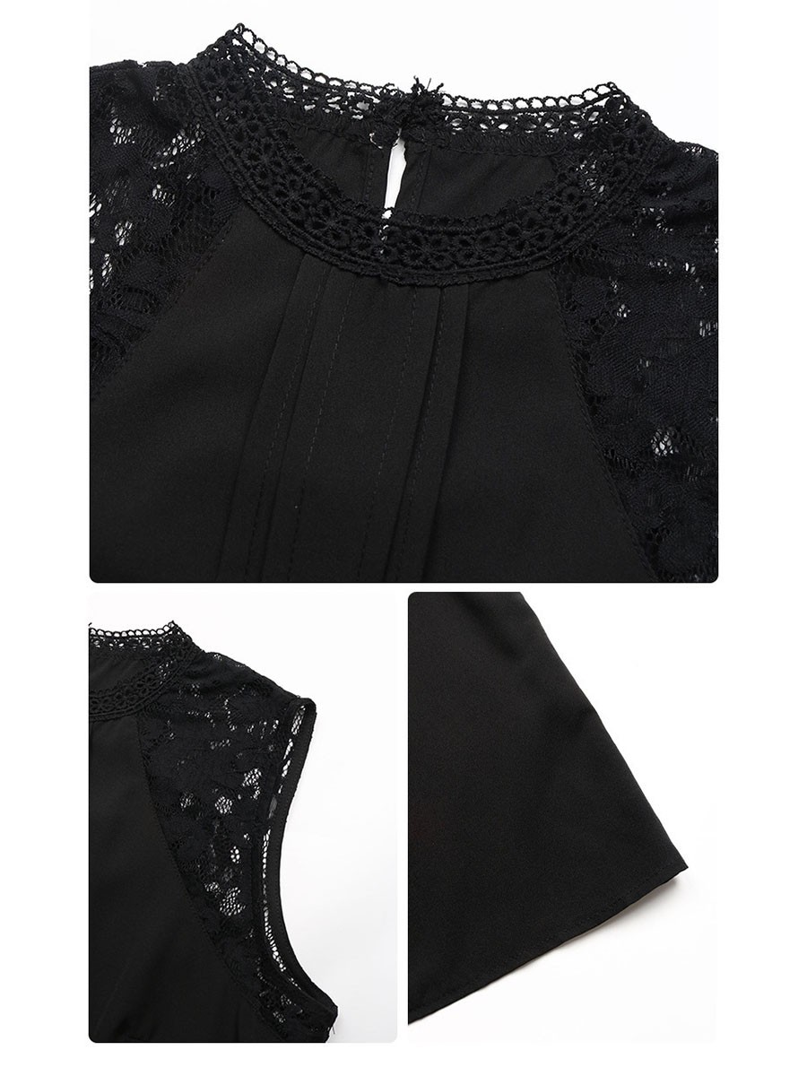 Loose fit black lace patchwork shirt womens casual round neck long sleeve top - Picture 25 of 67