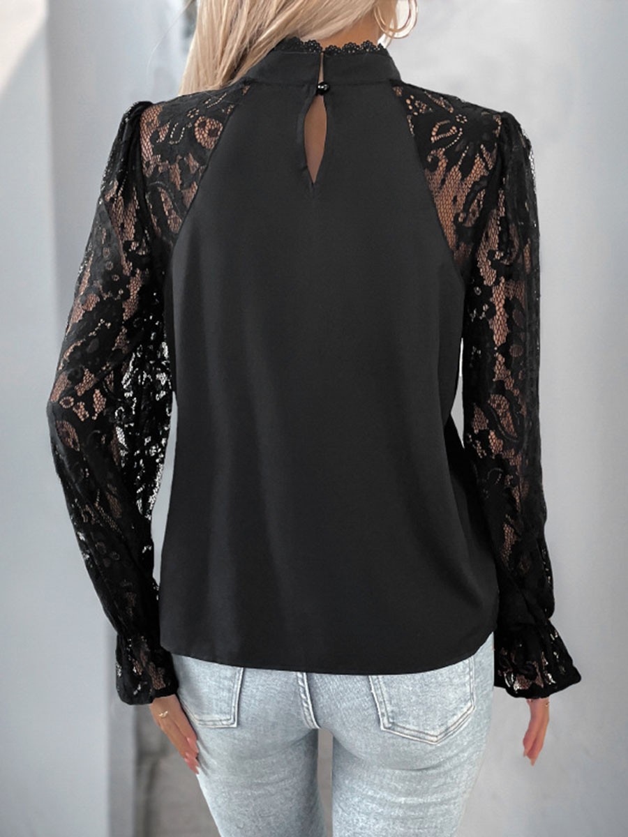 Loose fit black lace patchwork shirt womens casual round neck long sleeve top - Picture 24 of 67