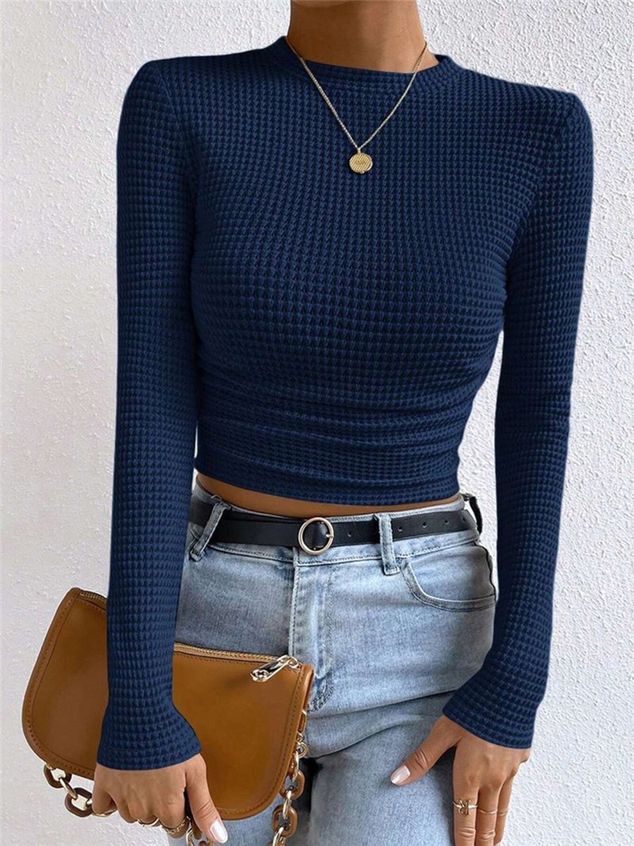 Long Sleeve Waffle Textured TShirt Women Slim Fit Top for Summer Vacation - Picture 47 of 57