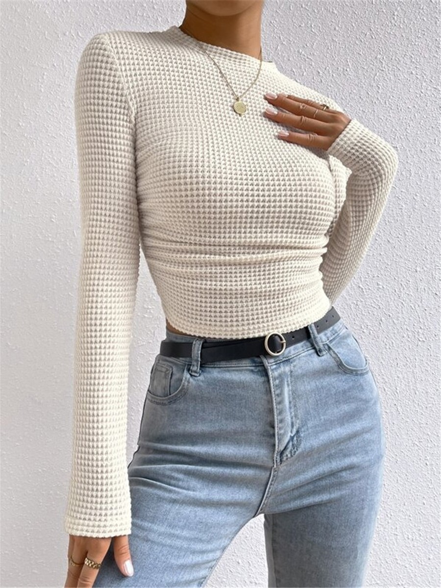 Long Sleeve Waffle Textured TShirt Women Slim Fit Top for Summer Vacation - Picture 27 of 57