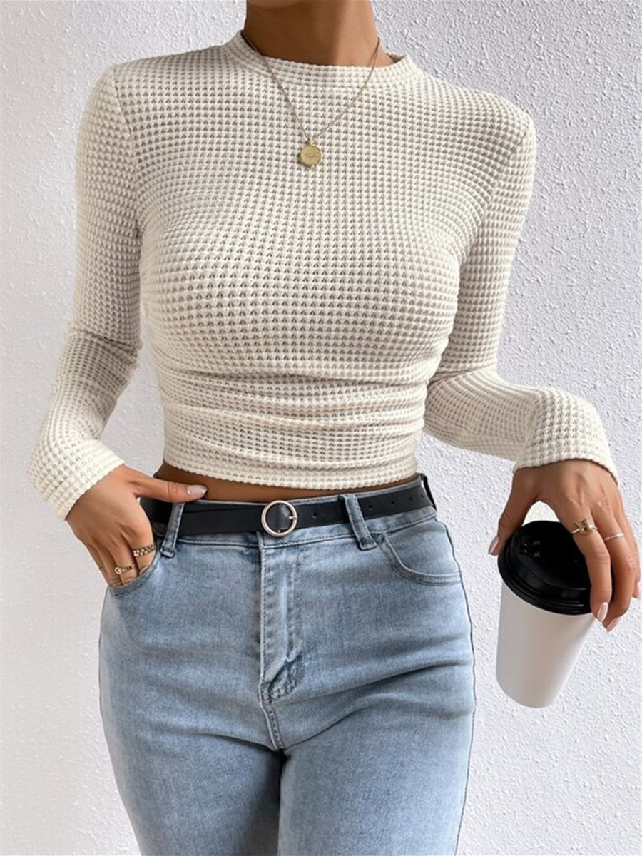 Long Sleeve Waffle Textured TShirt Women Slim Fit Top for Summer Vacation - Picture 28 of 57