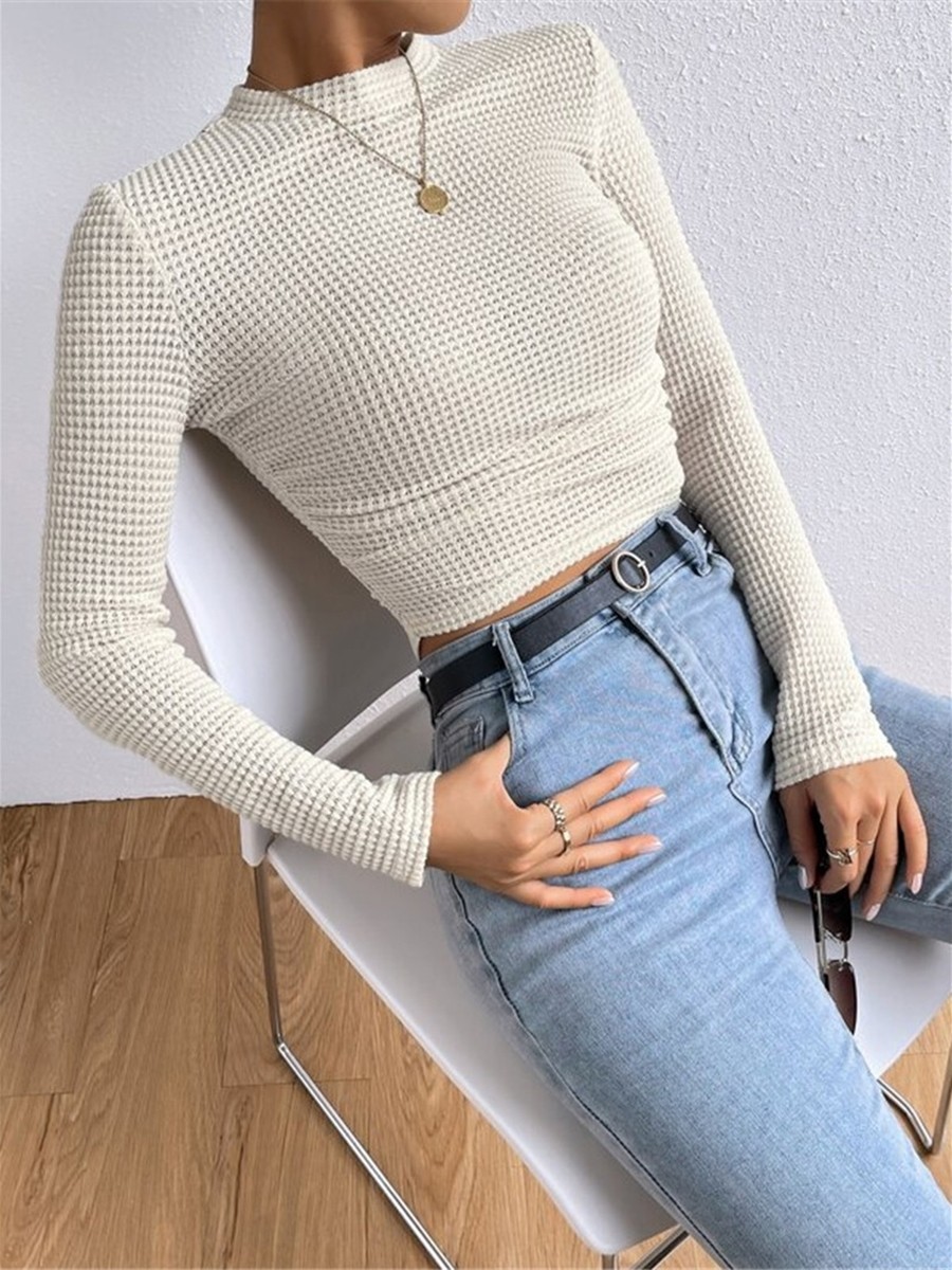 Long Sleeve Waffle Textured TShirt Women Slim Fit Top for Summer Vacation - Picture 29 of 57