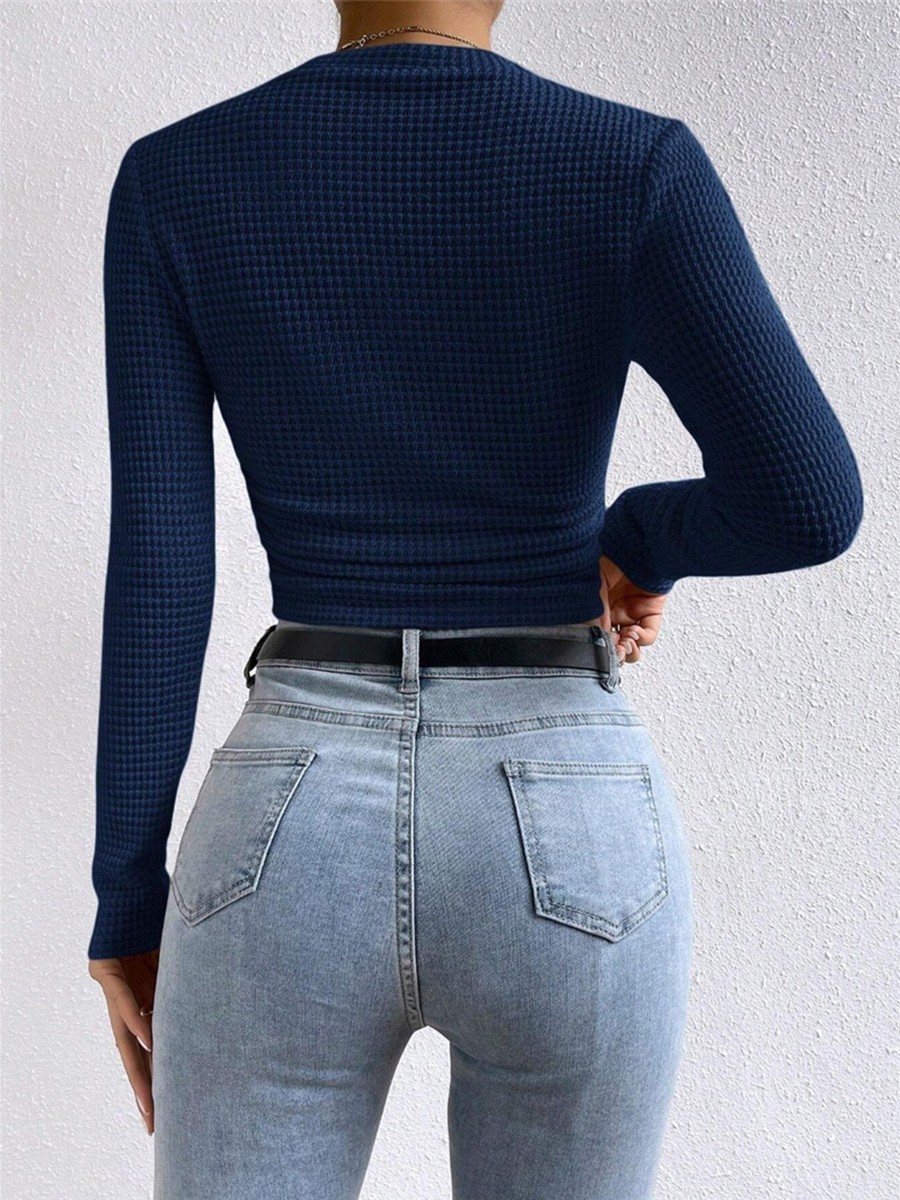 Long Sleeve Waffle Textured TShirt Women Slim Fit Top for Summer Vacation - Picture 50 of 57