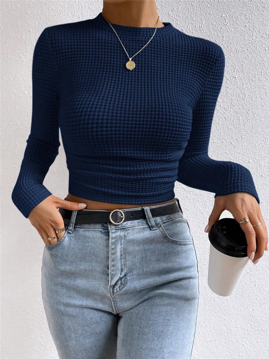 Long Sleeve Waffle Textured TShirt Women Slim Fit Top for Summer Vacation - Picture 51 of 57