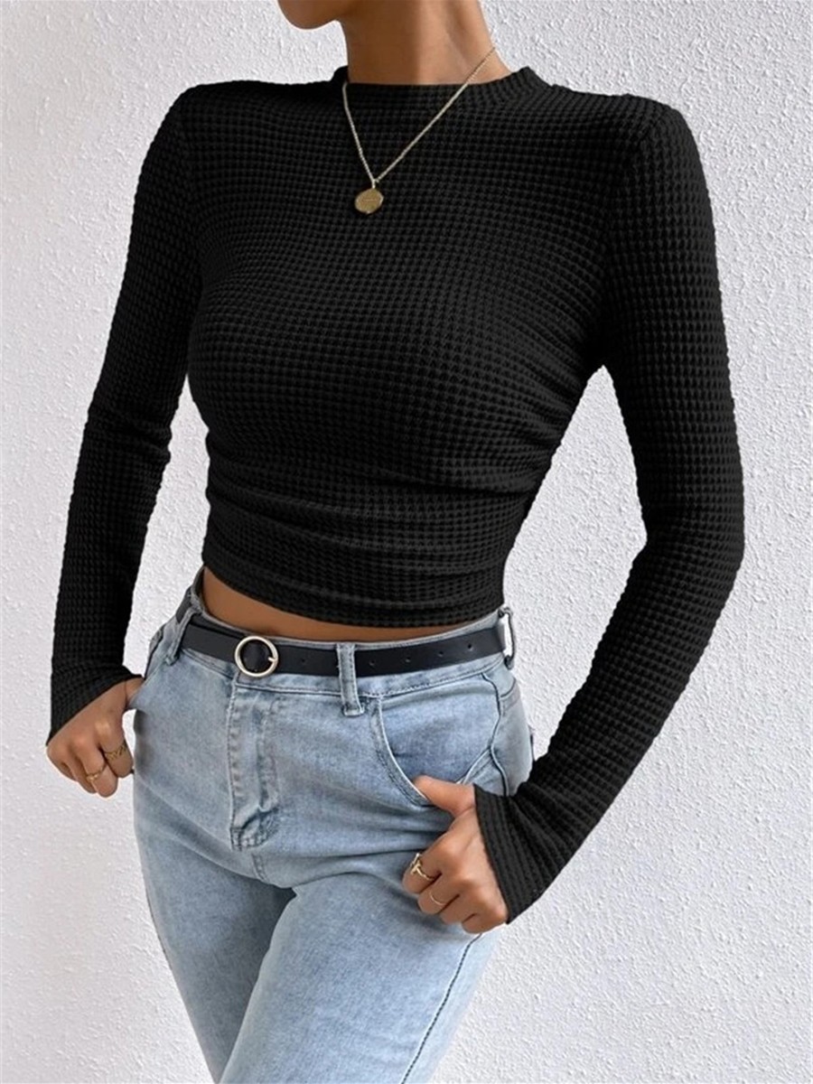 Long Sleeve Waffle Textured TShirt Women Slim Fit Top for Summer Vacation - Picture 39 of 57