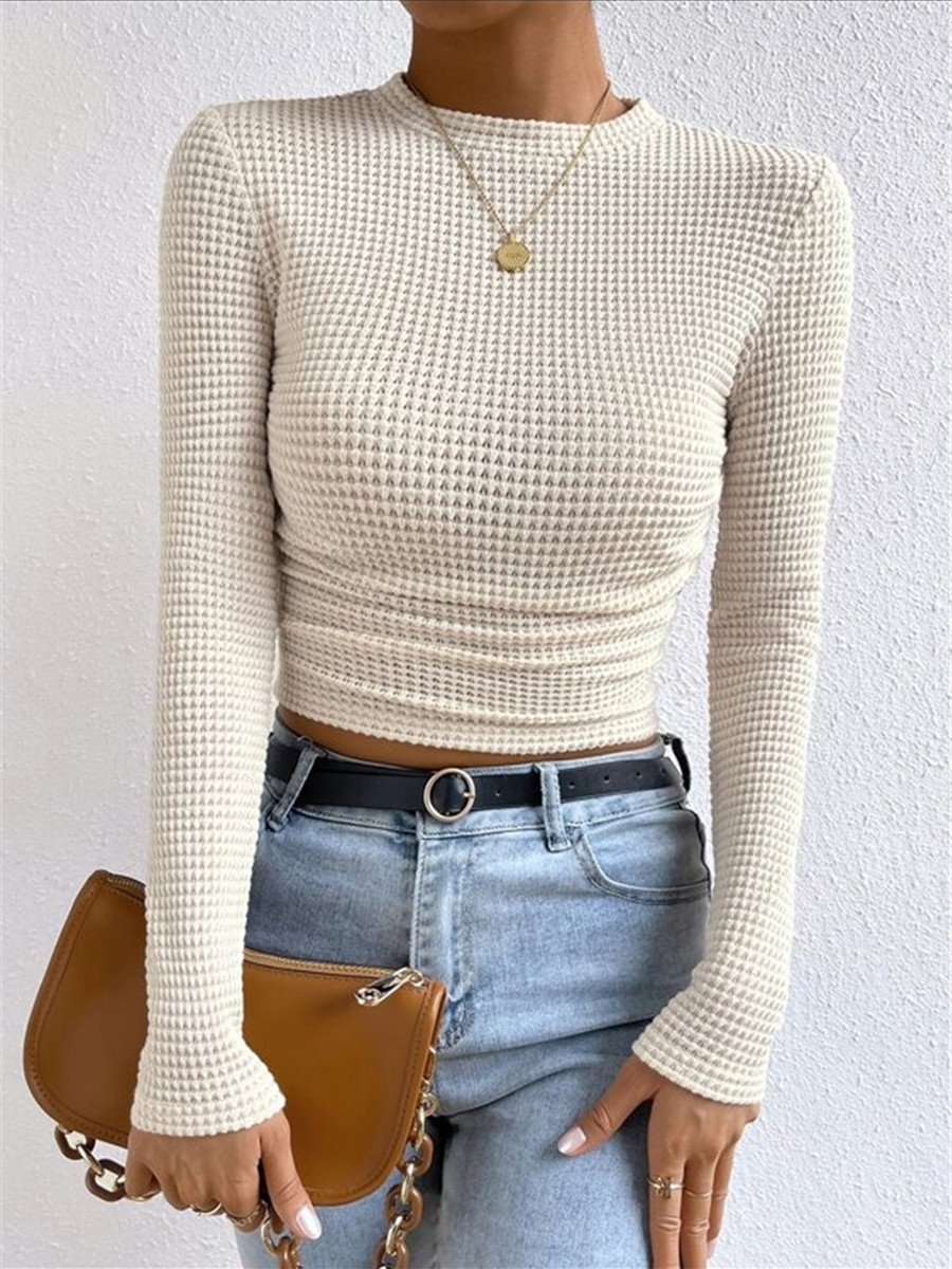 Long Sleeve Waffle Textured TShirt Women Slim Fit Top for Summer Vacation - Picture 25 of 57
