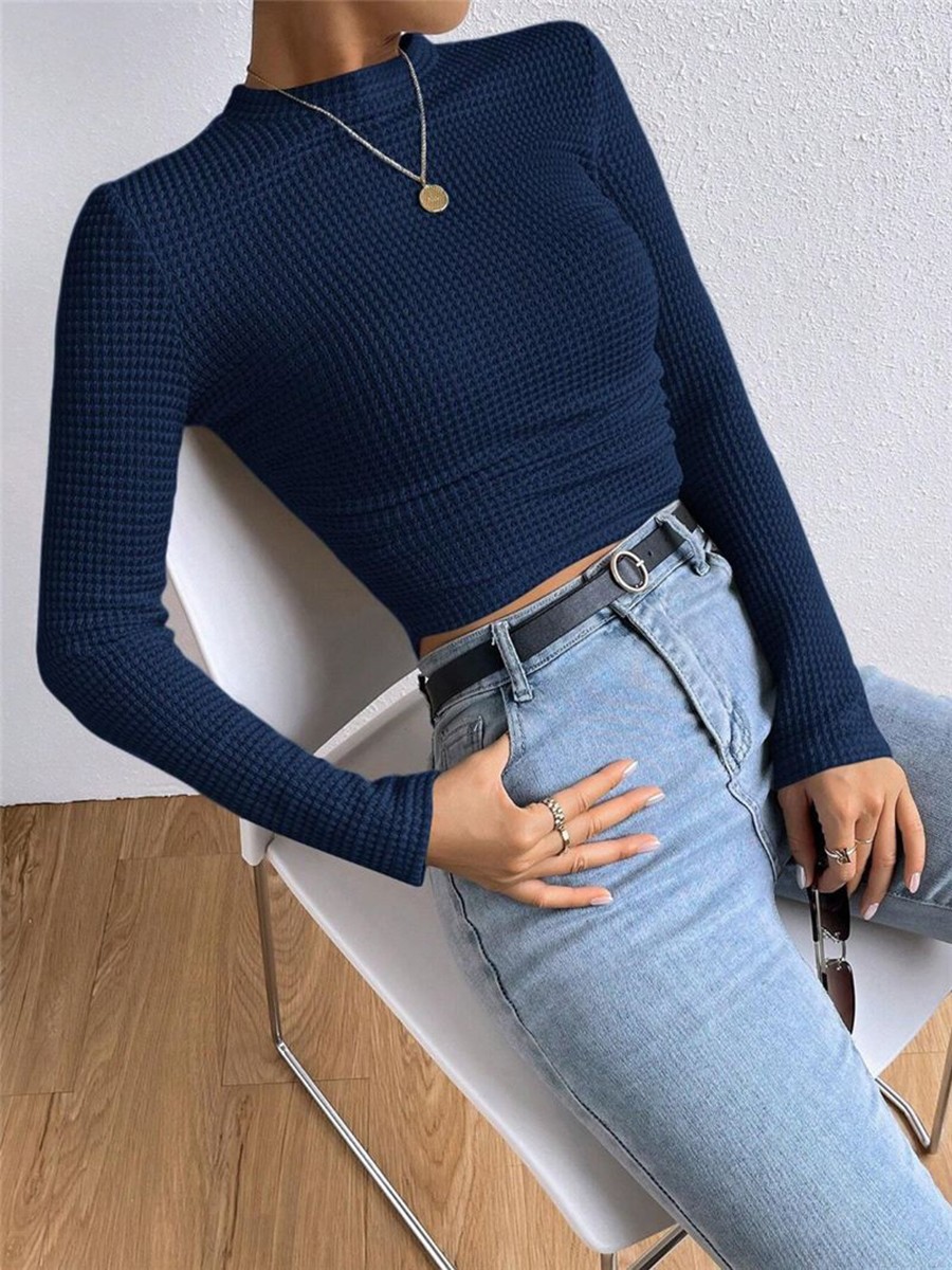 Long Sleeve Waffle Textured TShirt Women Slim Fit Top for Summer Vacation - Picture 48 of 57