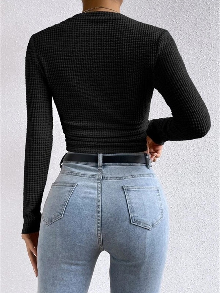 Long Sleeve Waffle Textured TShirt Women Slim Fit Top for Summer Vacation - Picture 38 of 57