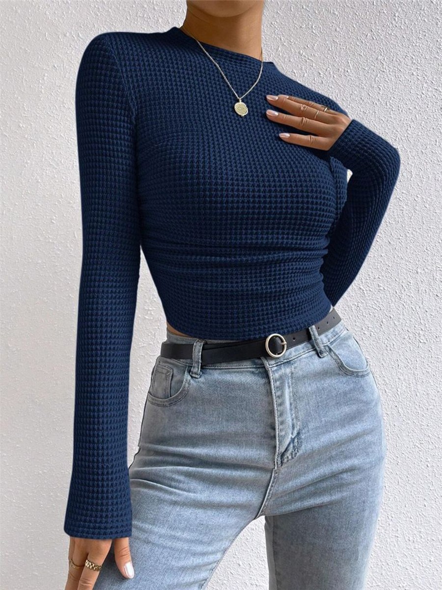 Long Sleeve Waffle Textured TShirt Women Slim Fit Top for Summer Vacation - Picture 49 of 57