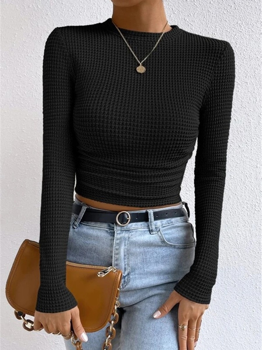 Long Sleeve Waffle Textured TShirt Women Slim Fit Top for Summer Vacation - Picture 37 of 57