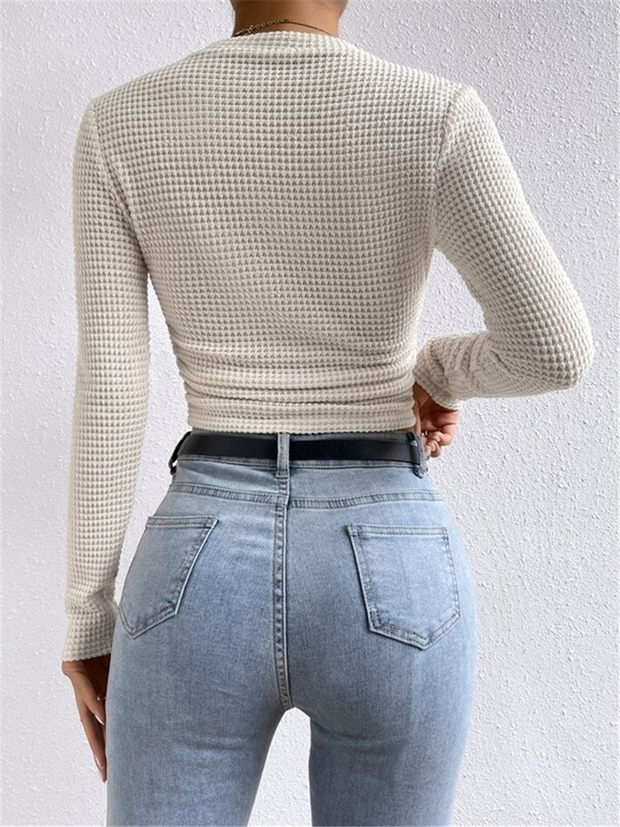 Long Sleeve Waffle Textured TShirt Women Slim Fit Top for Summer Vacation - Picture 26 of 57