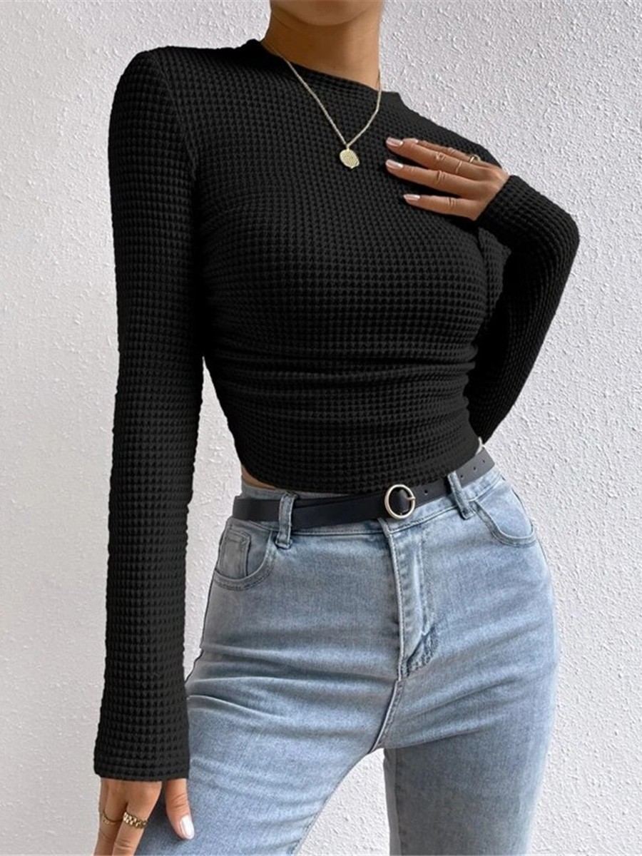 Long Sleeve Waffle Textured TShirt Women Slim Fit Top for Summer Vacation - Picture 40 of 57