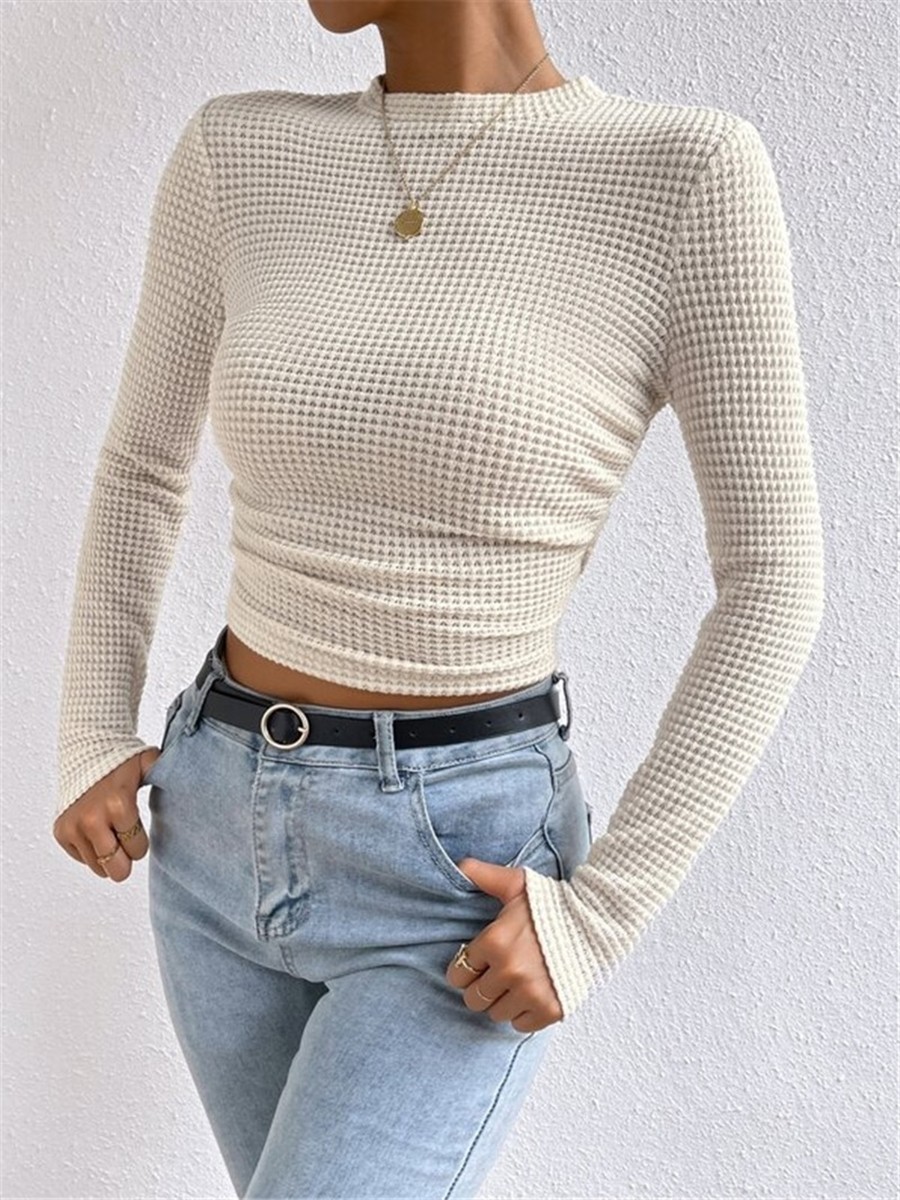 Long Sleeve Waffle Textured TShirt Women Slim Fit Top for Summer Vacation - Picture 30 of 57