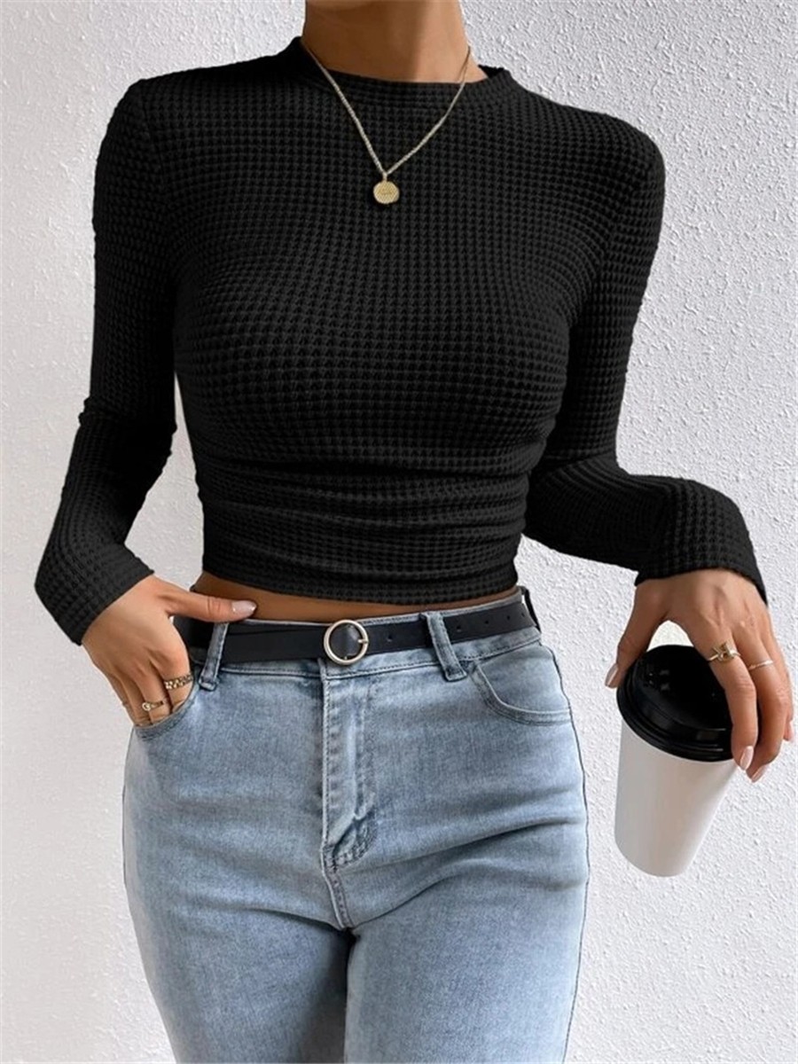 Long Sleeve Waffle Textured TShirt Women Slim Fit Top for Summer Vacation - Picture 41 of 57