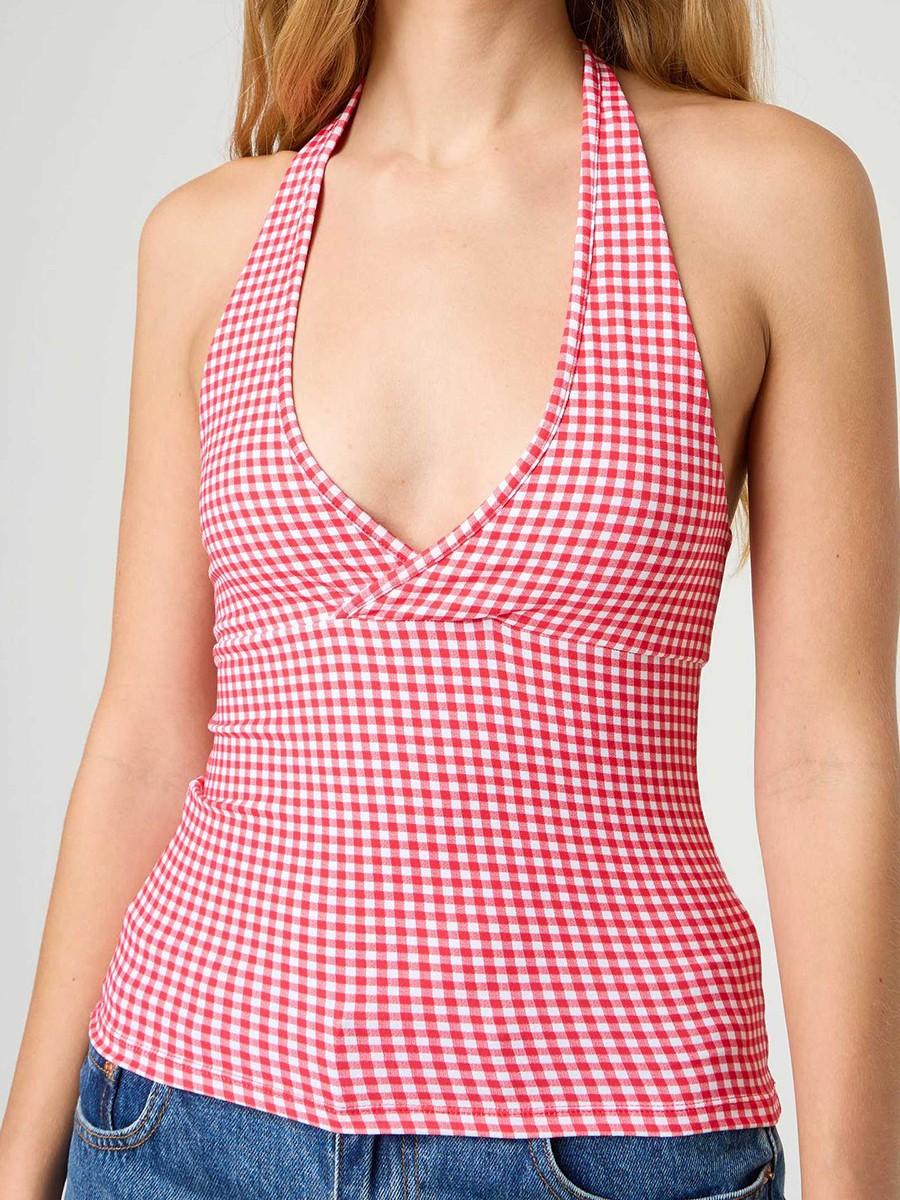 Stylish V Neck Backless Crop Top for Women with Plaid & Polka Dot Print - Picture 38 of 53