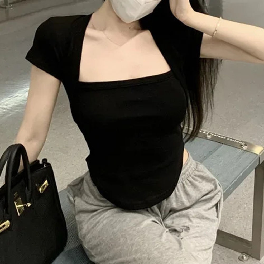 Summer Casual Slim Fit Top for Women Square Neck Short Sleeve Comfortable - Picture 16 of 24