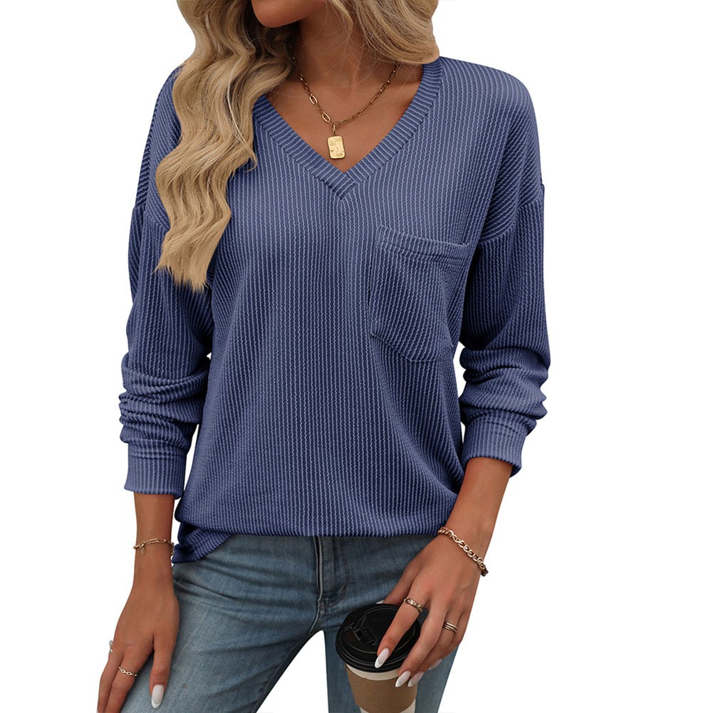 Women V Neck Long Sleeve Casual T Shirt Striped Loose Fit for Various Occasions - Picture 74 of 86
