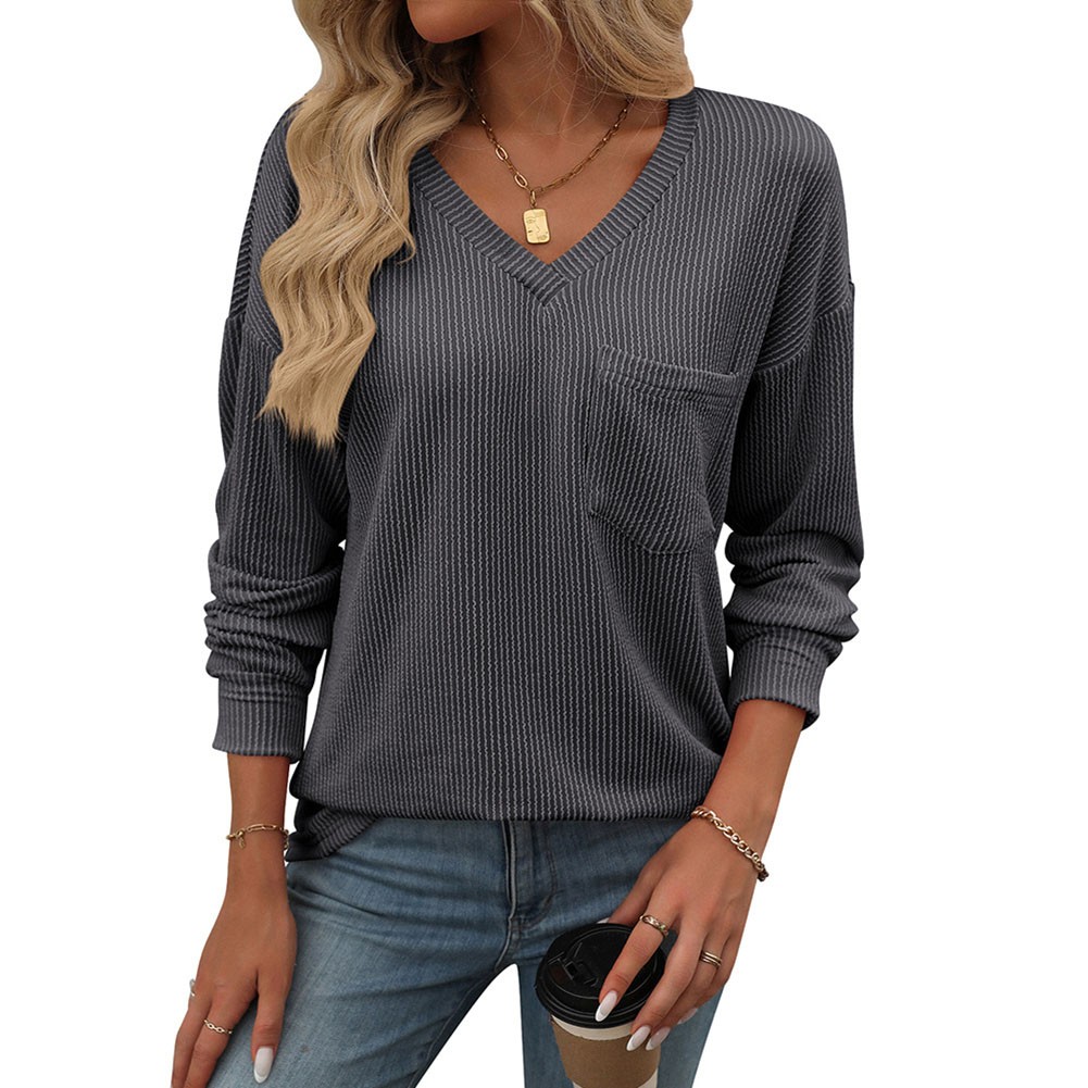 Women V Neck Long Sleeve Casual T Shirt Striped Loose Fit for Various Occasions - Picture 44 of 86