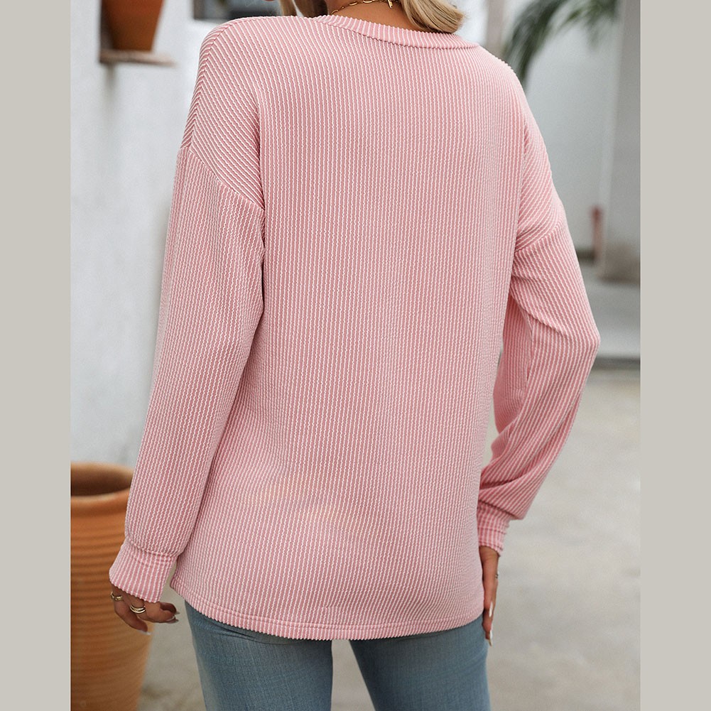 Women V Neck Long Sleeve Casual T Shirt Striped Loose Fit for Various Occasions - Picture 33 of 86