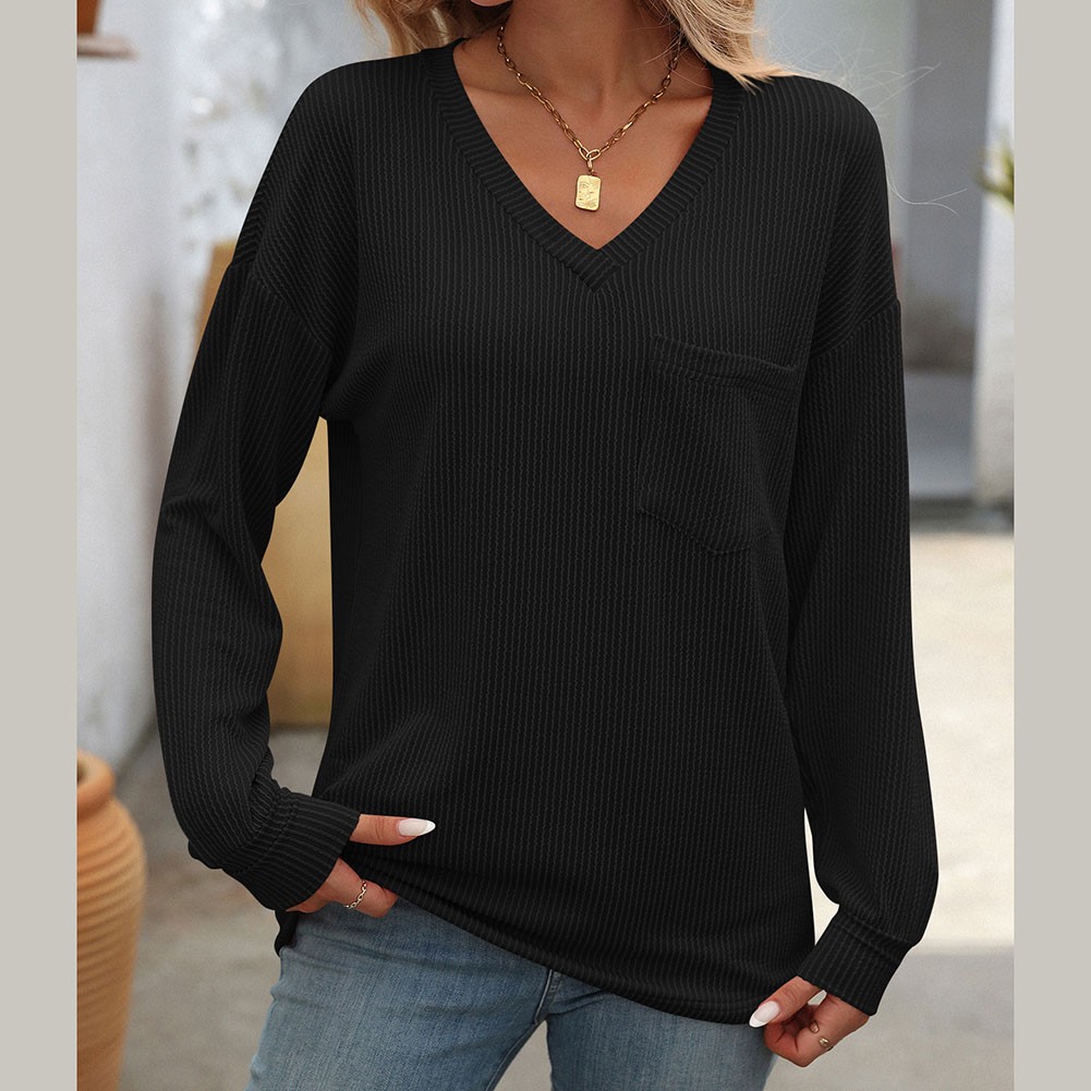 Women V Neck Long Sleeve Casual T Shirt Striped Loose Fit for Various Occasions - Picture 86 of 86