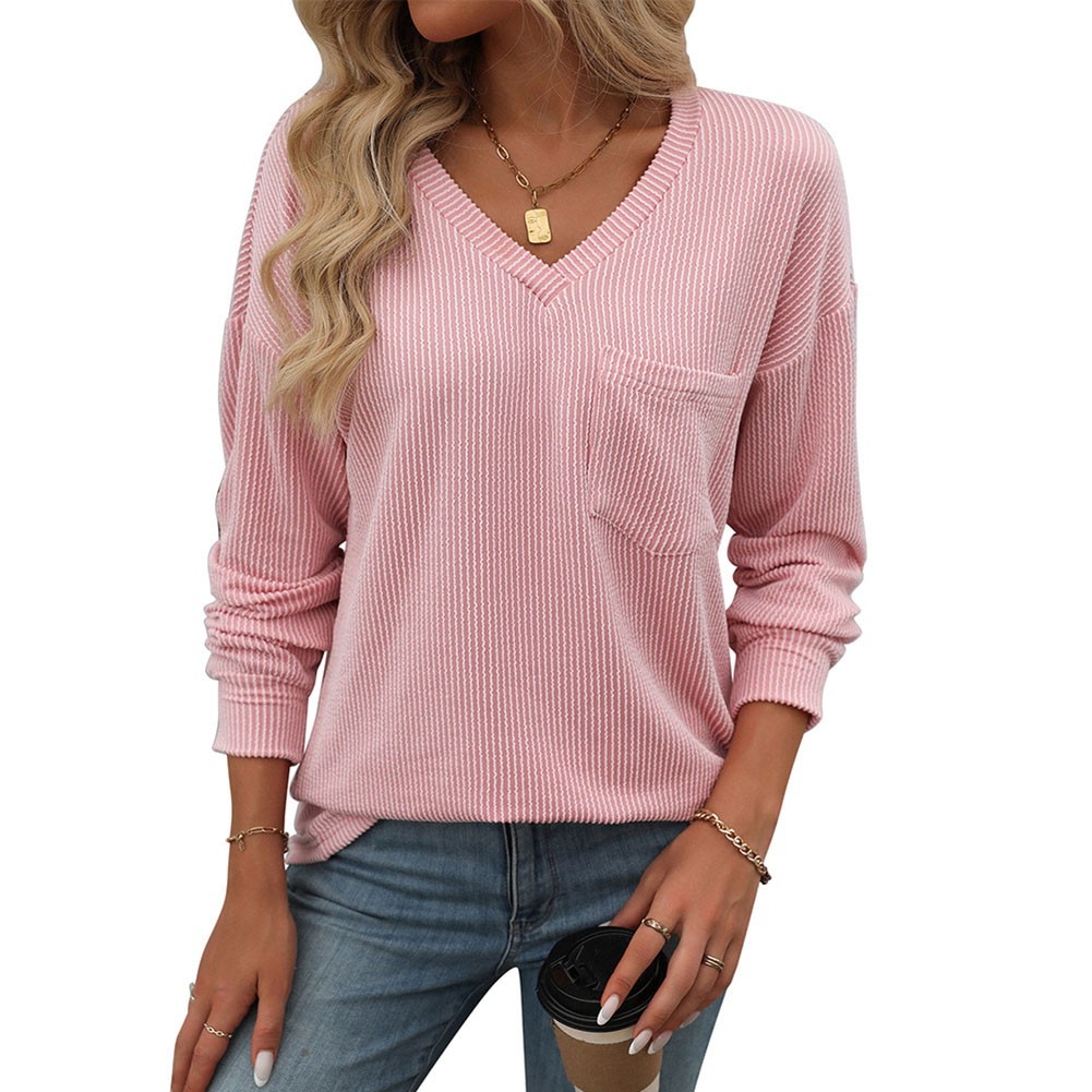 Women V Neck Long Sleeve Casual T Shirt Striped Loose Fit for Various Occasions - Picture 32 of 86