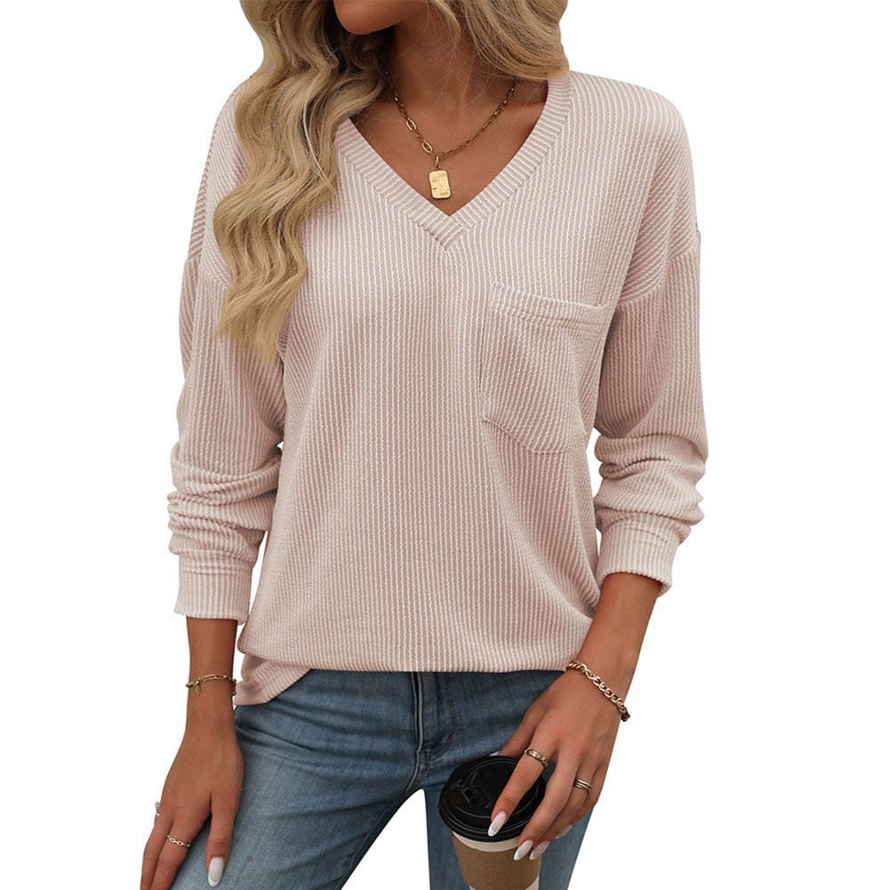 Women V Neck Long Sleeve Casual T Shirt Striped Loose Fit for Various Occasions - Picture 54 of 86