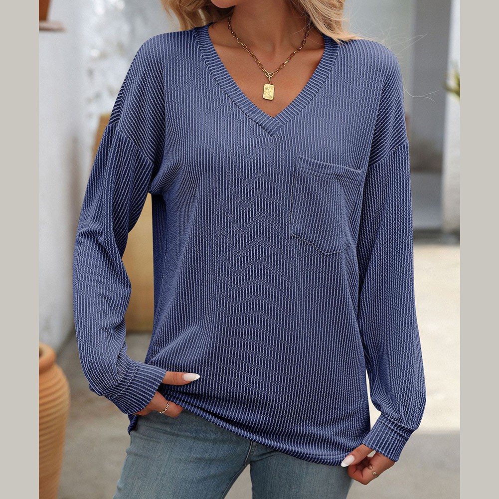 Women V Neck Long Sleeve Casual T Shirt Striped Loose Fit for Various Occasions - Picture 76 of 86