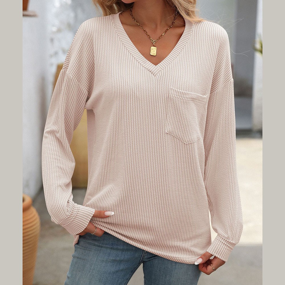 Women V Neck Long Sleeve Casual T Shirt Striped Loose Fit for Various Occasions - Picture 48 of 86