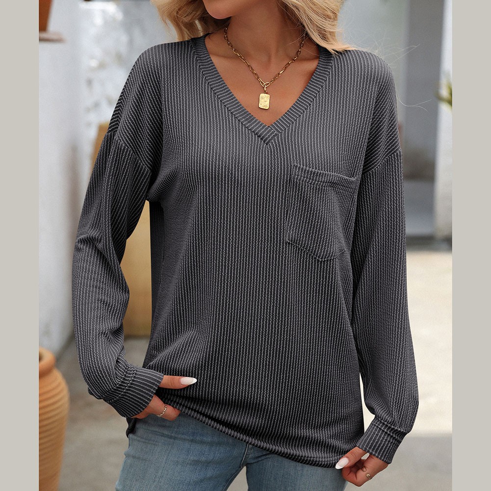 Women V Neck Long Sleeve Casual T Shirt Striped Loose Fit for Various Occasions - Picture 38 of 86