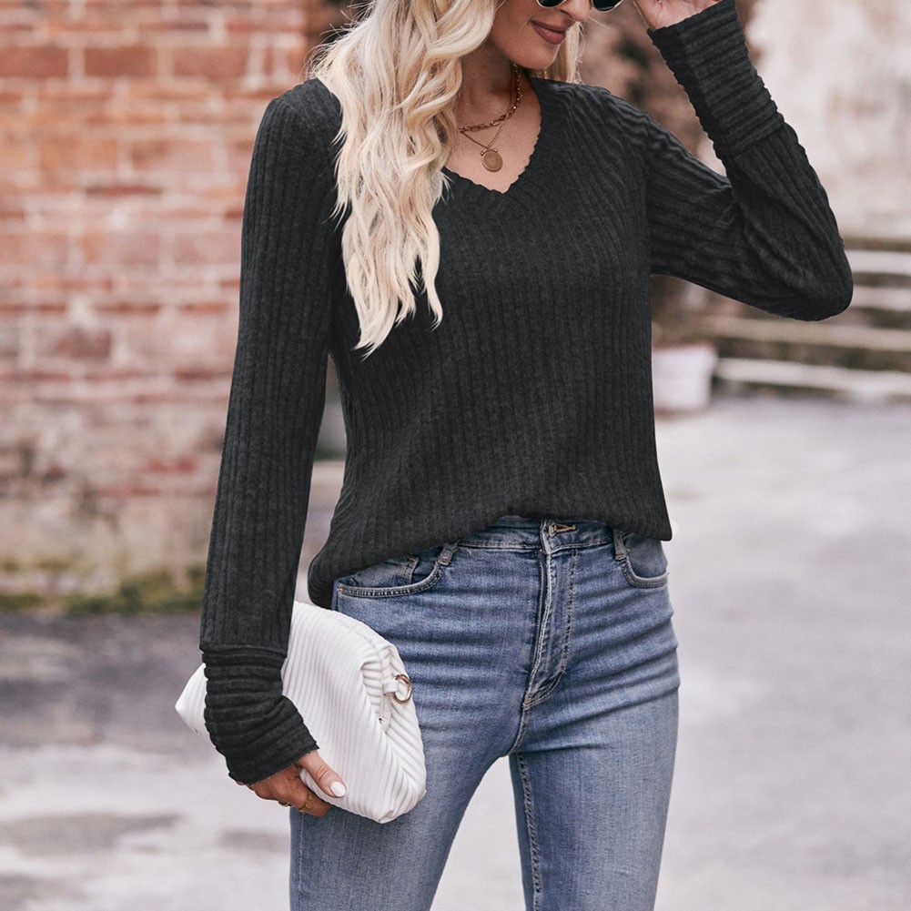 Long Sleeve T Shirt for Women Casual V Neck Ribbed Brushed Solid Color - Picture 35 of 86