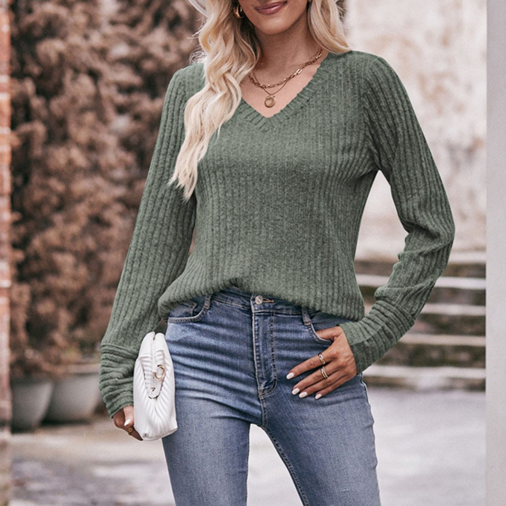 Long Sleeve T Shirt for Women Casual V Neck Ribbed Brushed Solid Color - Picture 72 of 86
