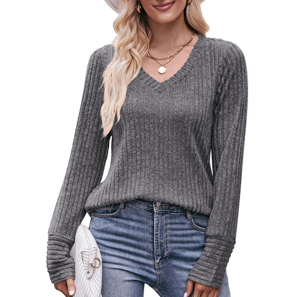 Long Sleeve T Shirt for Women Casual V Neck Ribbed Brushed Solid Color - Picture 37 of 86
