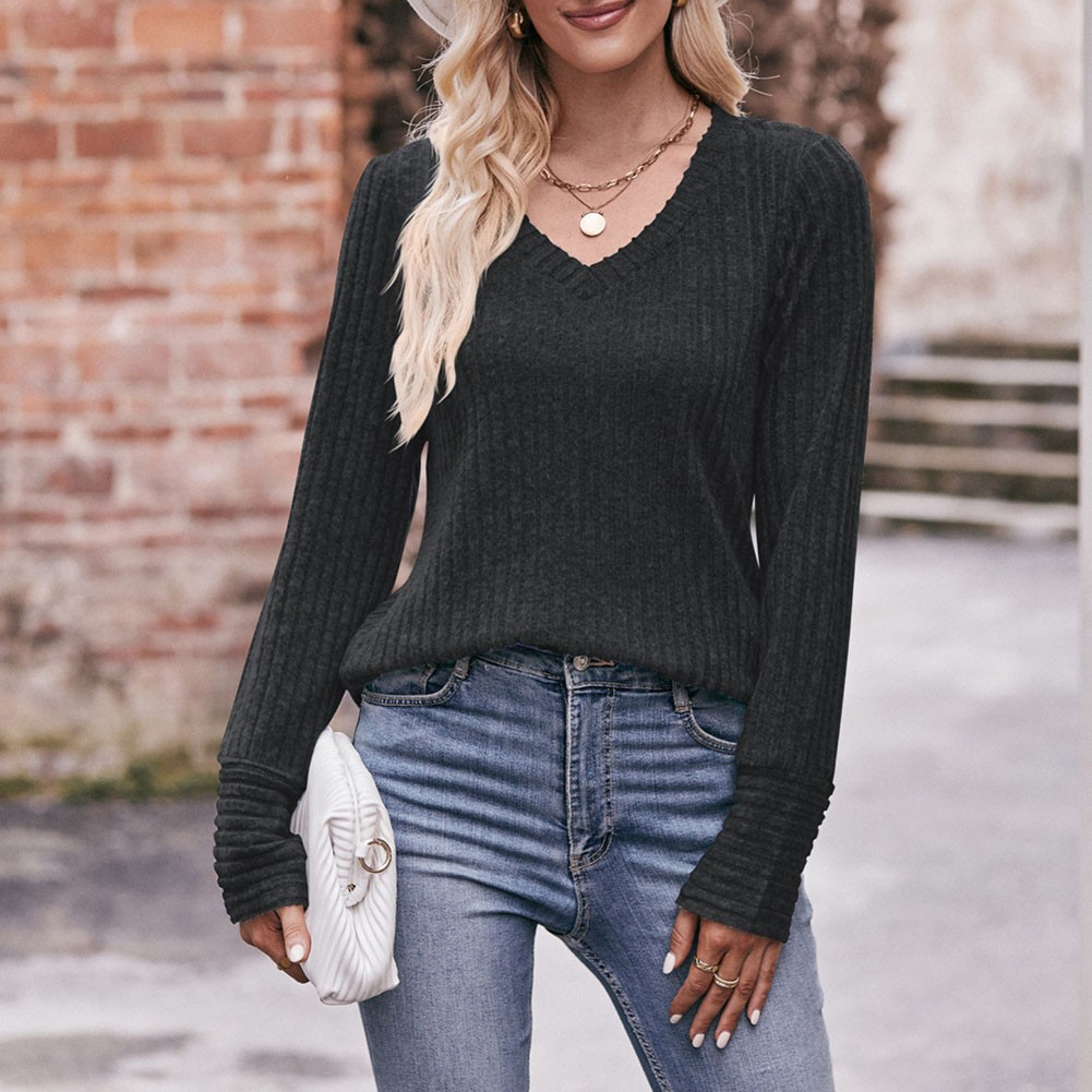 Long Sleeve T Shirt for Women Casual V Neck Ribbed Brushed Solid Color - Picture 34 of 86