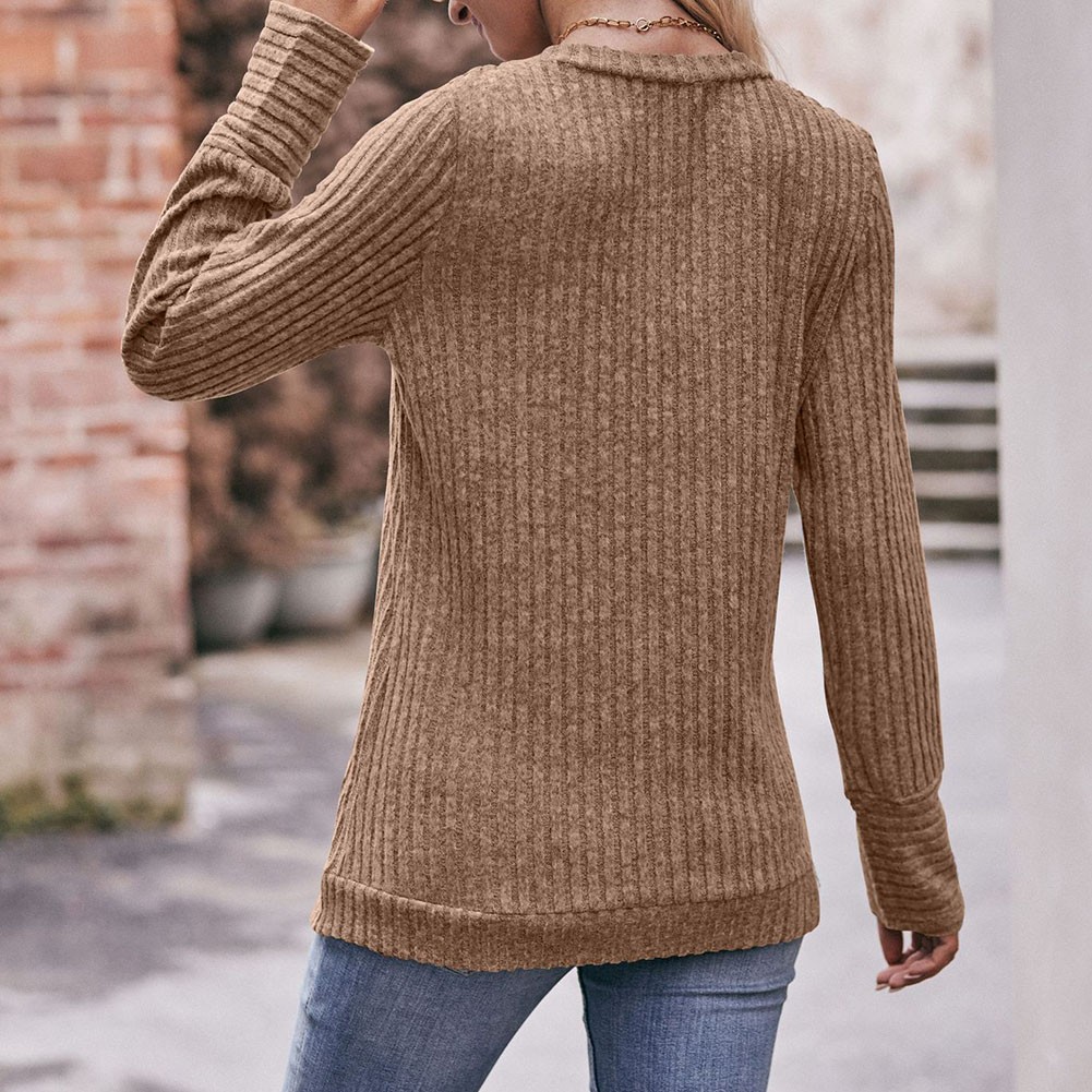 Long Sleeve T Shirt for Women Casual V Neck Ribbed Brushed Solid Color - Picture 86 of 86