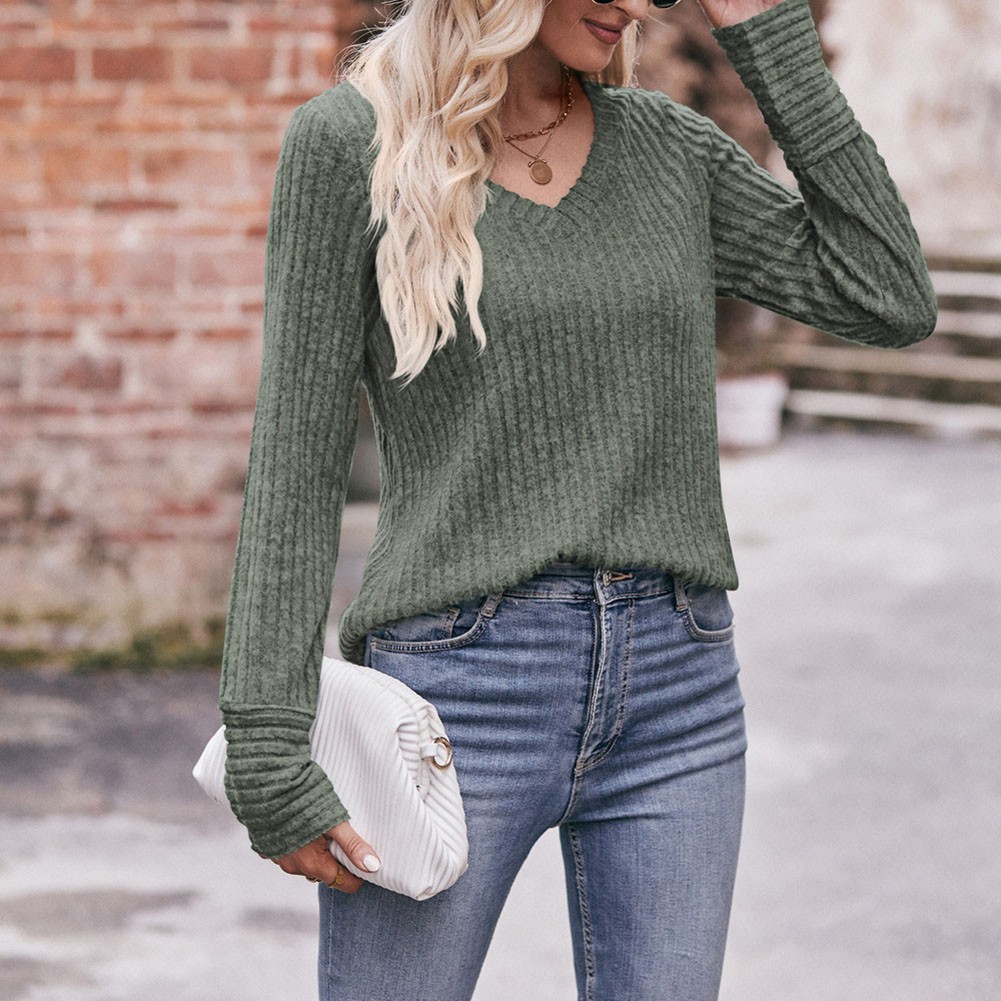 Long Sleeve T Shirt for Women Casual V Neck Ribbed Brushed Solid Color - Picture 70 of 86