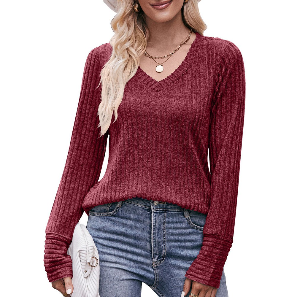 Long Sleeve T Shirt for Women Casual V Neck Ribbed Brushed Solid Color - Picture 39 of 86