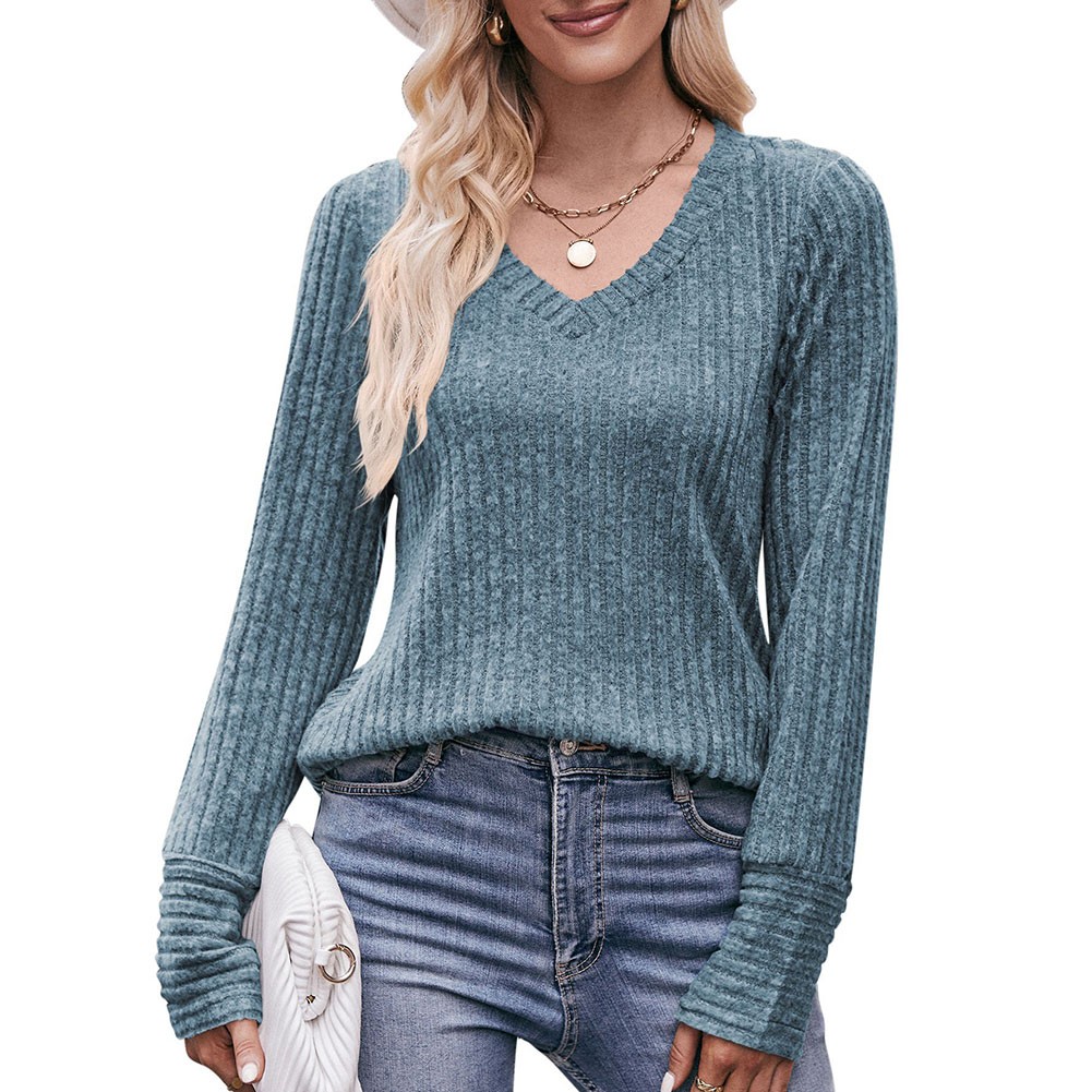 Long Sleeve T Shirt for Women Casual V Neck Ribbed Brushed Solid Color - Picture 51 of 86