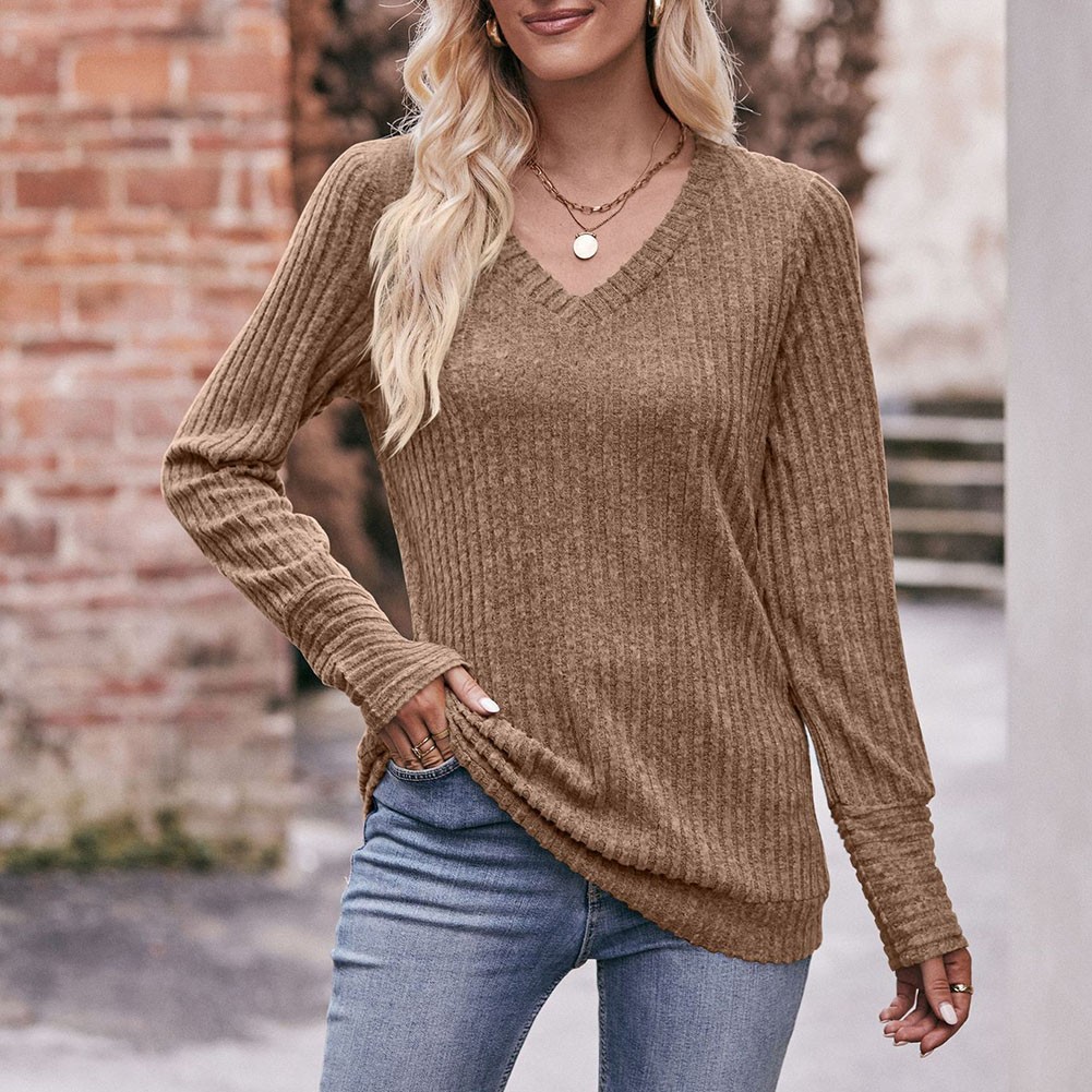 Long Sleeve T Shirt for Women Casual V Neck Ribbed Brushed Solid Color - Picture 84 of 86